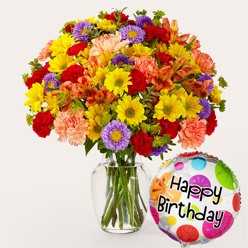 Kaleidoscope Bouquet with Birthday Balloon – Eventos Galindo, Chicago IL