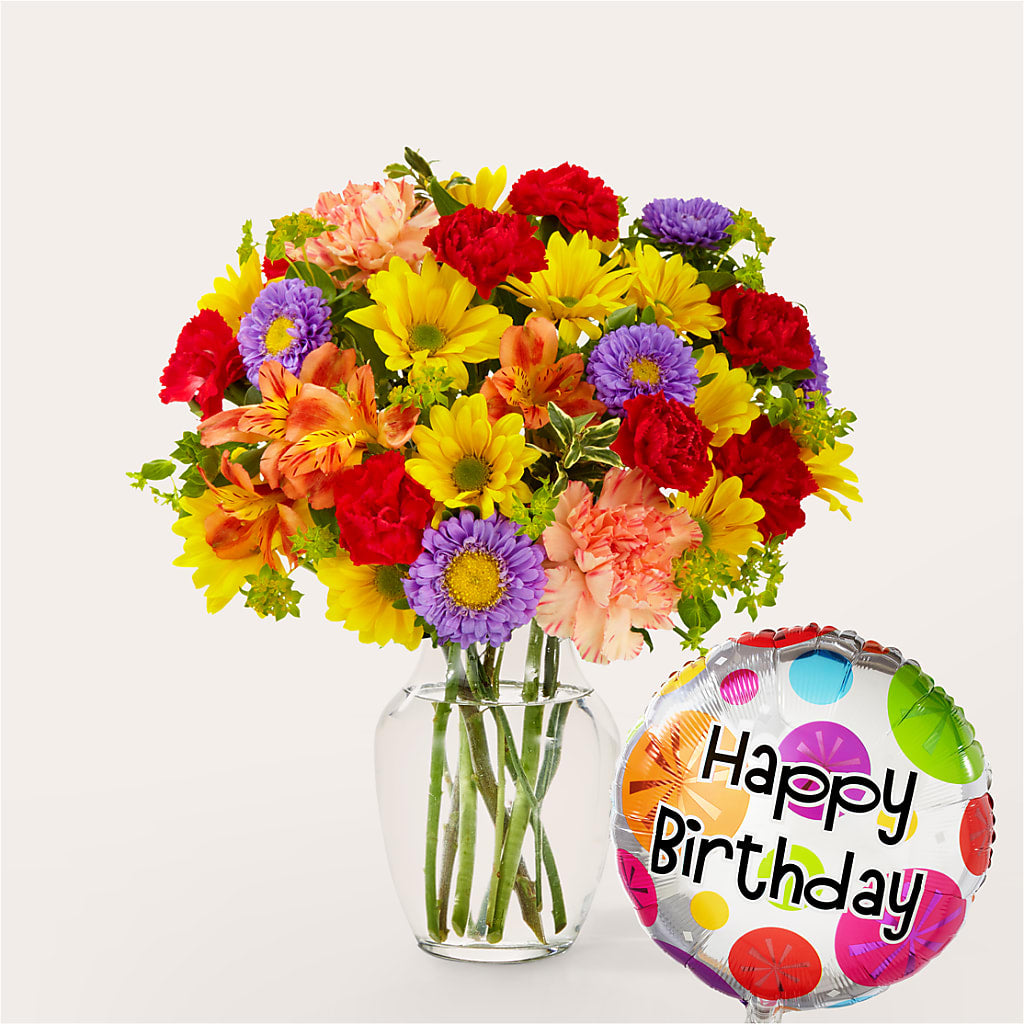 Kaleidoscope Bouquet with Birthday Balloon – Eventos Galindo, Chicago IL