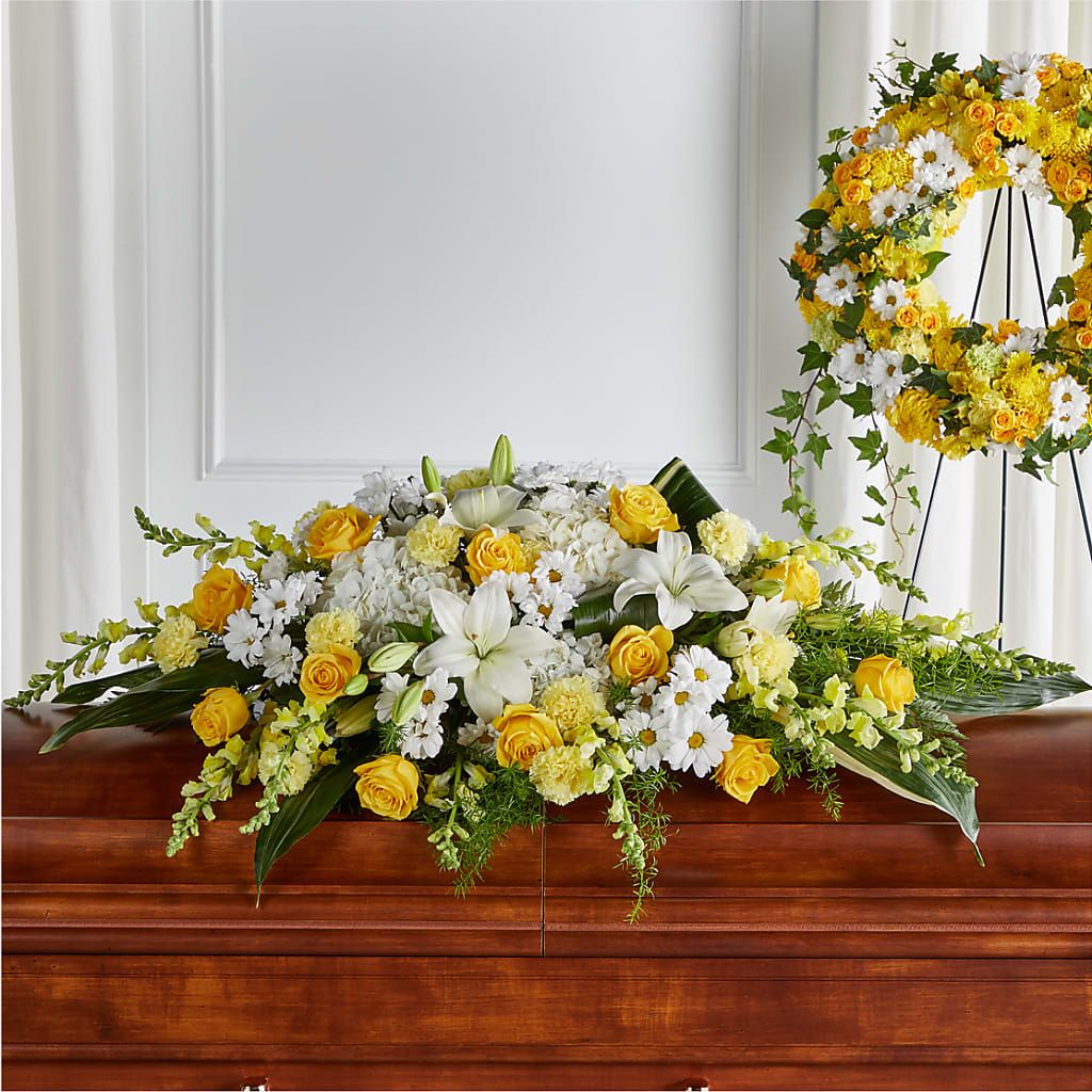 Golden Harmony Casket Spray – Eventos Galindo, Chicago IL