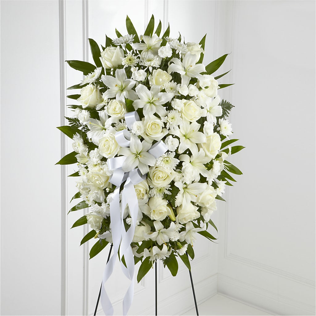 Exquisite Tribute Standing Spray-White Ribbon – Eventos Galindo, Chicago IL